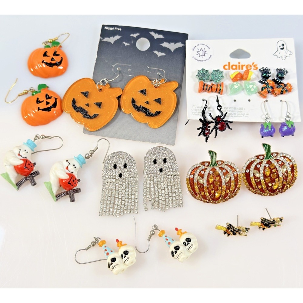 Halloween Earring Lot Pierced Pumpkin Ghost Witch Spider Vintage to Now